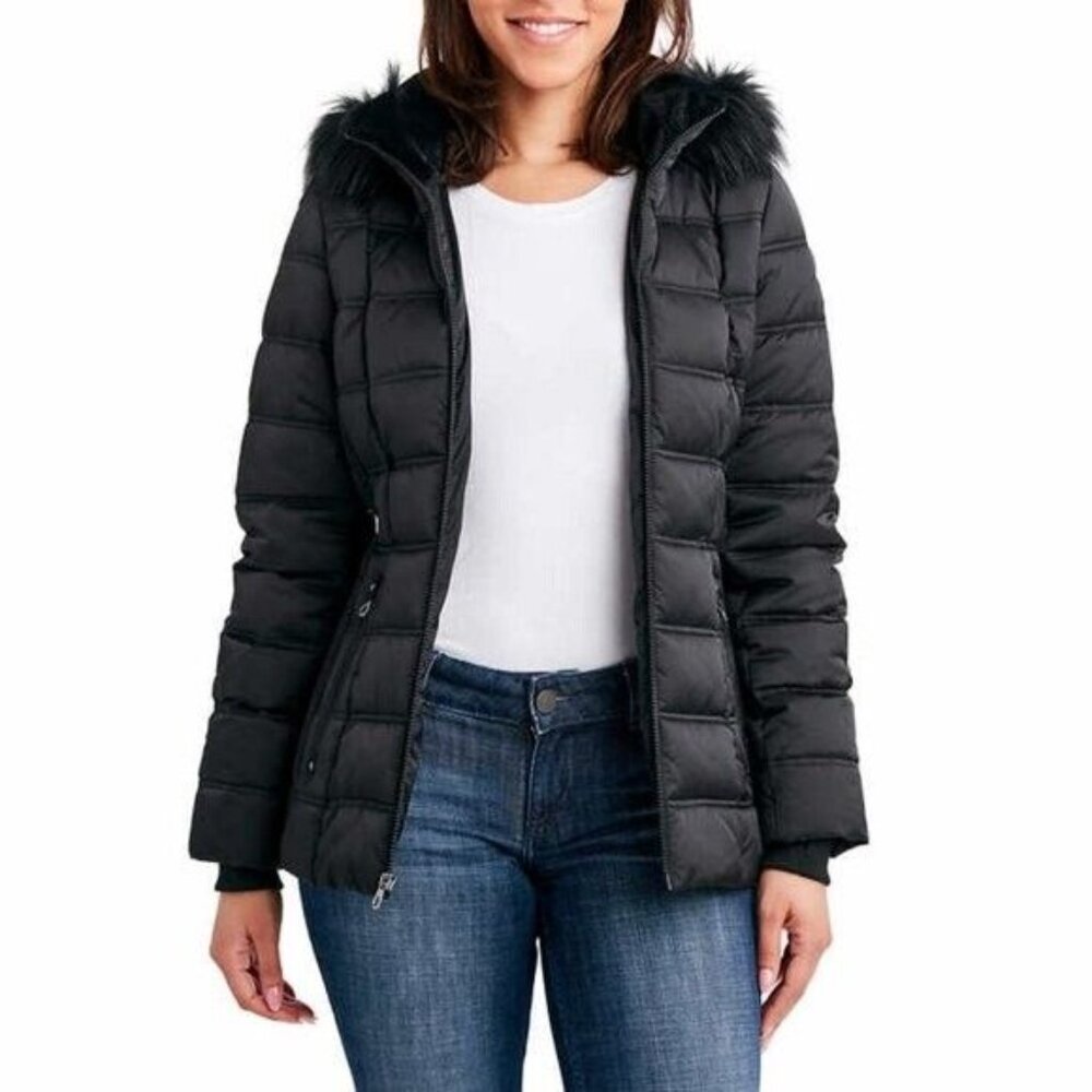 NAUTICA WOMEN'S LIGHT WEIGHT FAUX FUR HOOD PUFFER JACKET - Picture 3 of 6